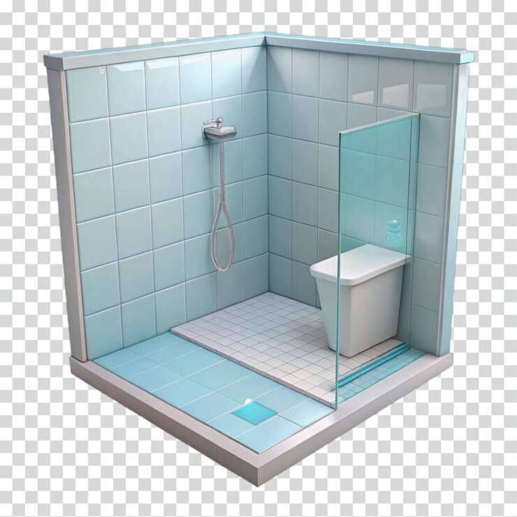 PSD design compacto de banheiro, chuveiro, banheiro e azulejos em um espaço pequeno