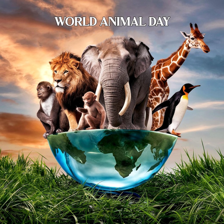 PSD design conceptuel de la journée mondiale des animaux un groupe d'animaux est au sommet du globe