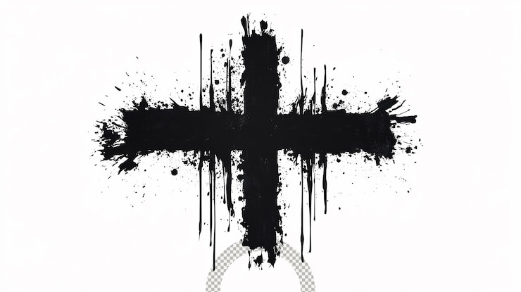 PSD design de croix à l'encre noire frappant avec des effets d'éclaboussure sur un fond clair