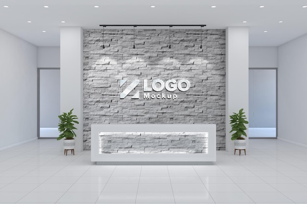 Design d'interni con vista frontale del mockup della reception dell'ufficio