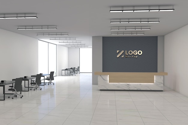 Design d'interni con vista frontale del mockup della reception dell'ufficio