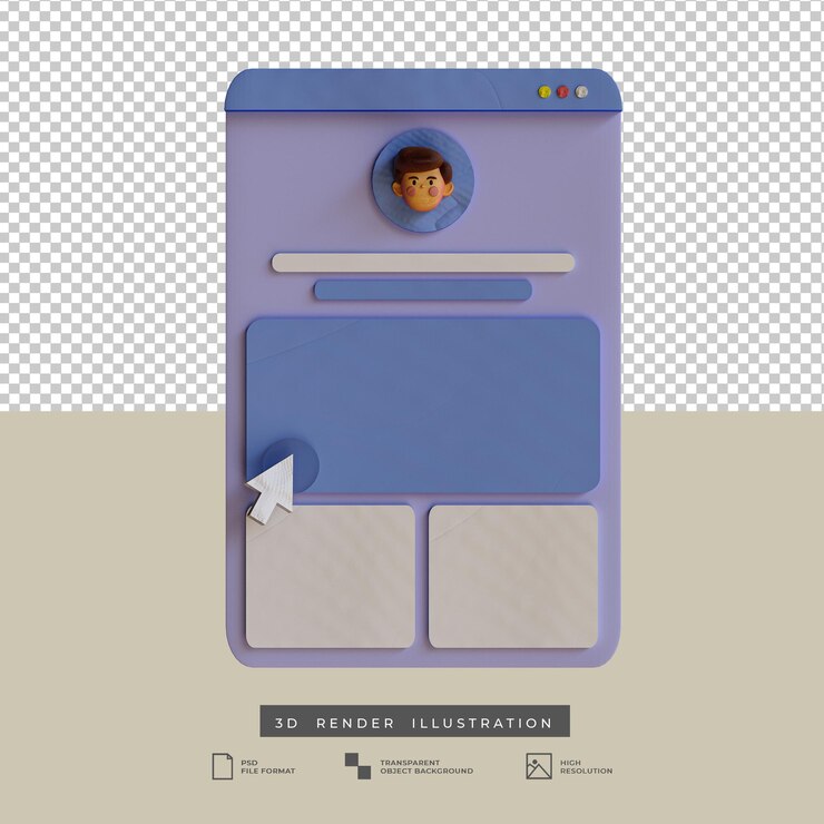 PSD design de aplicativo de perfil de mídia social em estilo clay com ilustração 3d de cursor branco