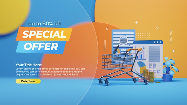 Design de banner de mídia social com instrumento de compras de renderização 3d
