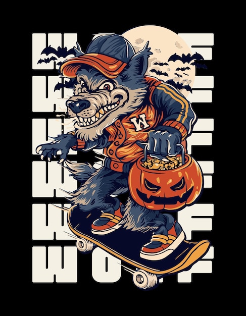 PSD design de camiseta de lobisomem ilustrada preto bege marinho halloween