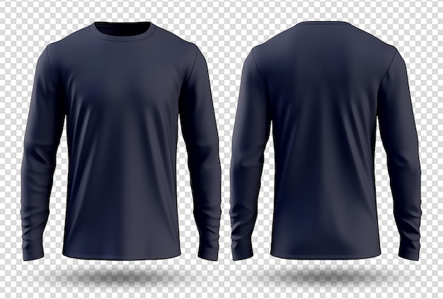 PSD design de camiseta de manga longa azul marinho com vista frontal e traseira