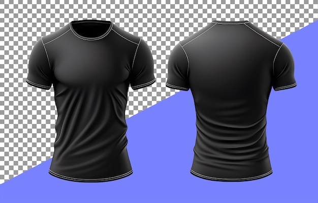 Design de camiseta preta com vista frontal e traseira