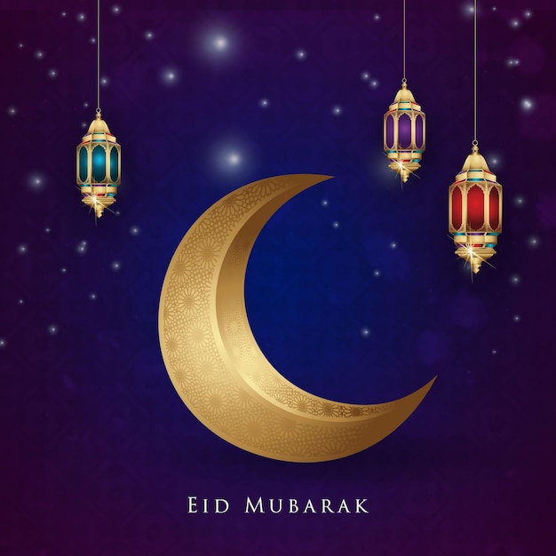 Design de cartão feliz Eid Mubarak com lua e crescente