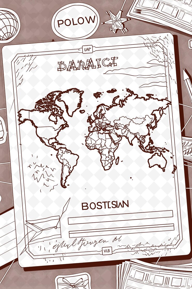PSD design de cartão postal com tema de viagem com uma moldura de passaporte estilo ac outline arts scribble decorative