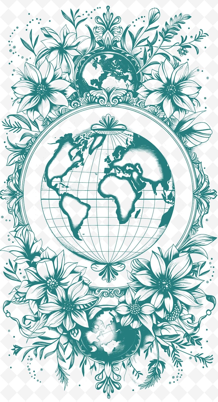 PSD design de cartão postal com tema de viagem png com uma moldura de globo estilo accom outline arts scribble decorative
