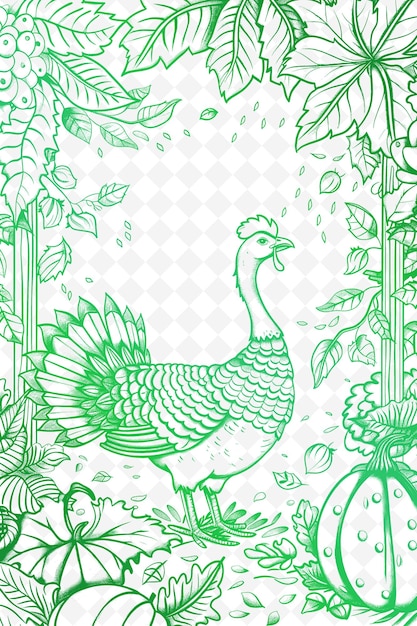 Design de cartão postal de Ação de Graças em Png com moldura de colheita Design de estilo Outline Arts Scribble Decorative
