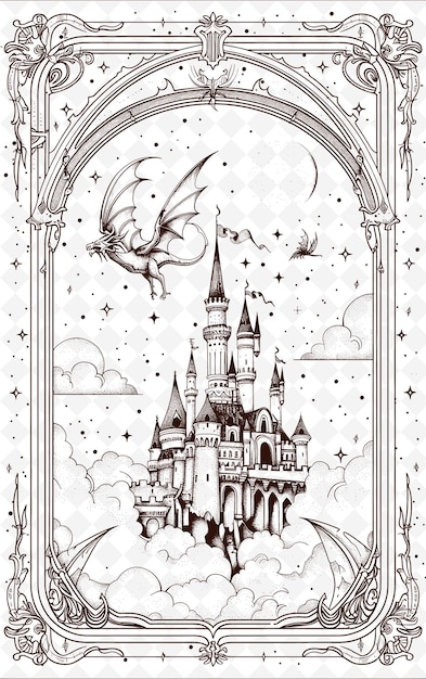 PSD design de cartão postal de fantasia png com moldura mágica design de estilo deco outline arts scribble decorative