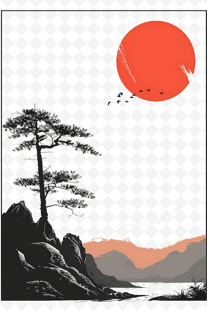 Design de cartão postal de paisagem png com estilo de moldura minimalista design de artes de contorno scribble decorativo