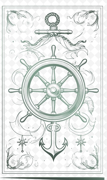 Design de cartão postal náutico Png com uma estrutura de roda de navio estilo Surr Outline Arts Scribble Decorative