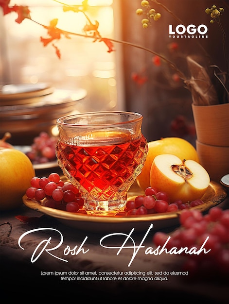 Design de cartaz de mídia social de rosh hashanah com fundo de maçã e romã