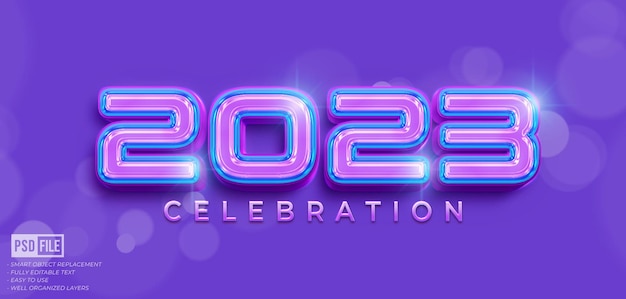 Design de celebração de 2023 com efeito de estilo 3d editável de texto personalizado neon