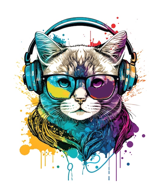 design de gato bonito usando óculos e fone de ouvido