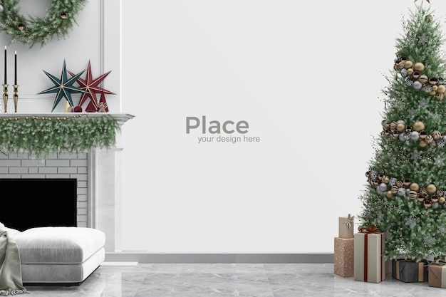 Design de interiores de sala de estar com árvore de natal