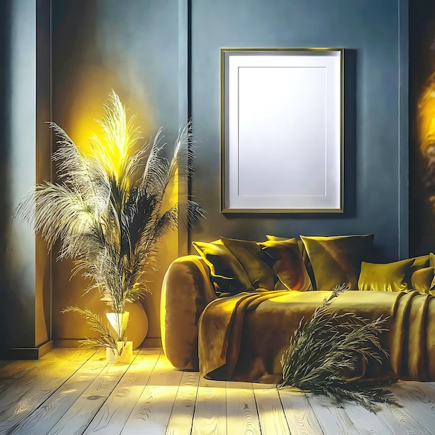 Design de interiores de sala de estar zoom de fundo com molduras de fotos