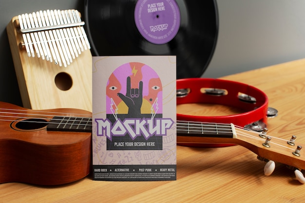 PSD design de maquete de cartaz de evento musical com guitarra e vinil