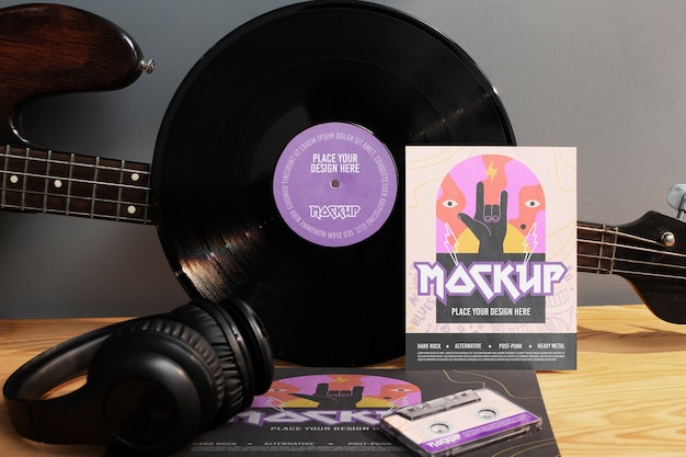 PSD design de maquete de cartaz de evento musical com guitarra e vinil