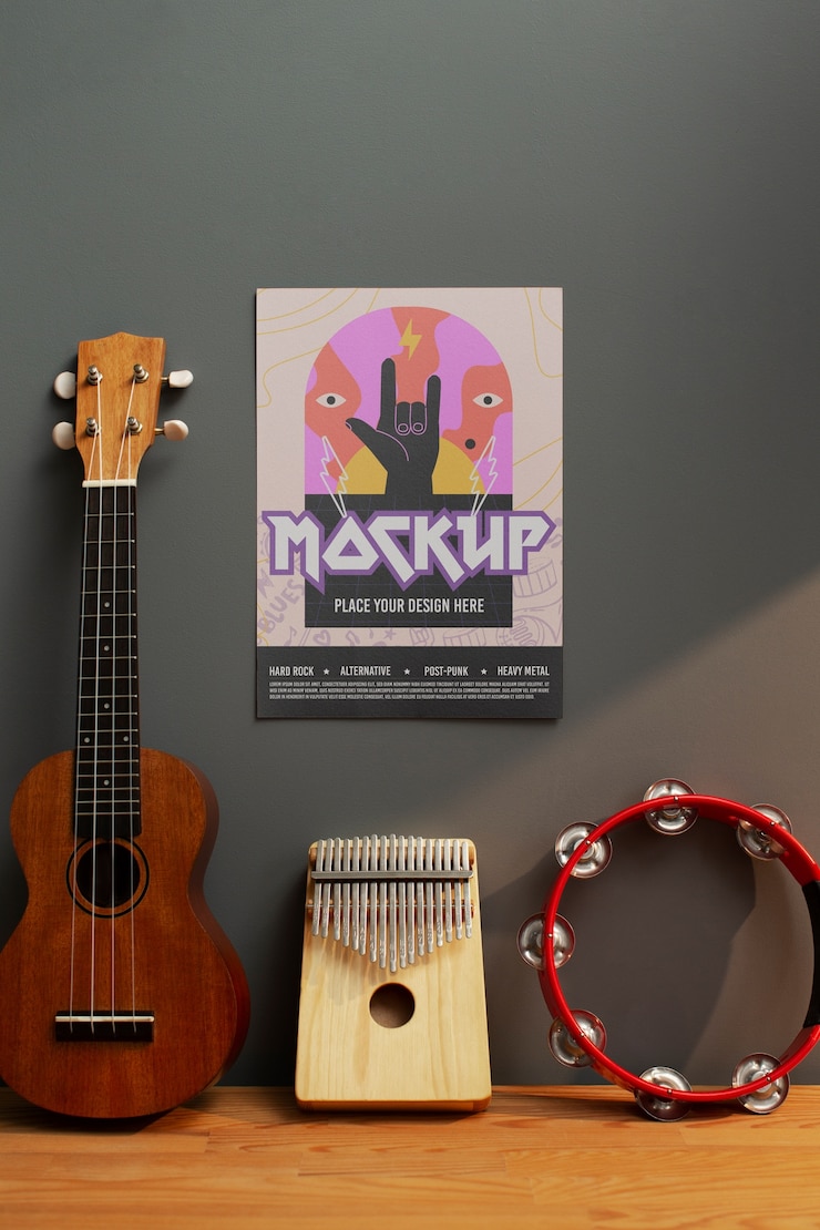 PSD design de maquete de cartaz de evento musical com guitarra