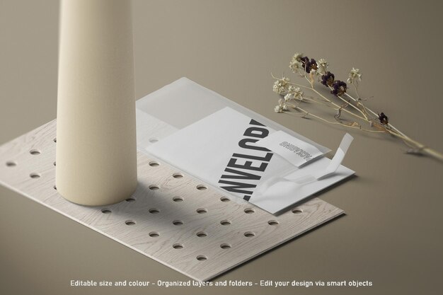 PSD design de maquete de embalagem de envelope fechado de papel em branco de vista isométrica