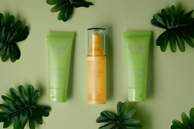 Design de maquete de embalagens de produtos cosméticos naturais com folhas