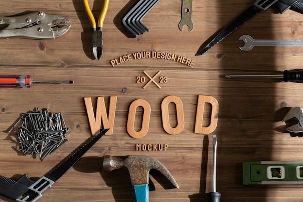 Design de mock-up de escultura em madeira com ferramentas