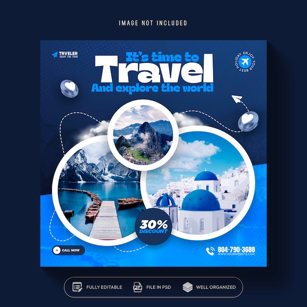 Design de modelo de banner de agência de viagens e viagens Instagram post ou mídia social post web