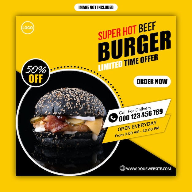design de modelo de banner de postagem de mídia social de hambúrguer delicioso