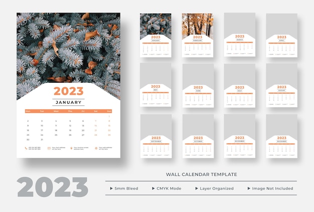 design de modelo de calendário de parede 2023