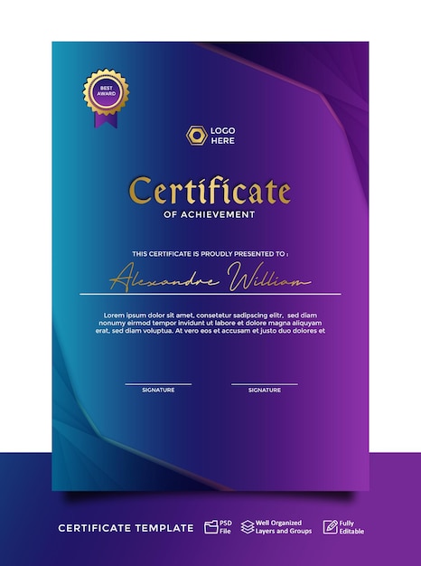 Design de modelo de certificado moderno roxo e azul ou retrato de tecnologia de certificado digital 6