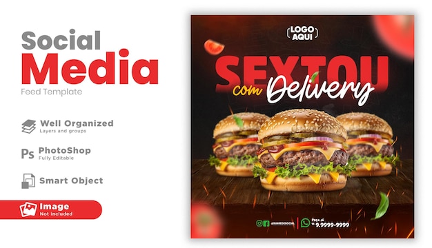 Design de modelo de instagram de hambúrguer de mídia social em português para campanha de marketing no brasil
