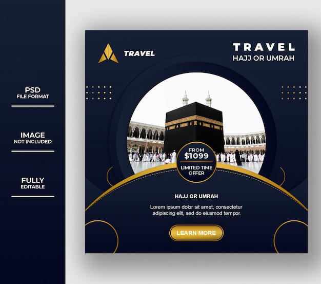 PSD design de modelo de luxo umrah islâmico e hajj social media post