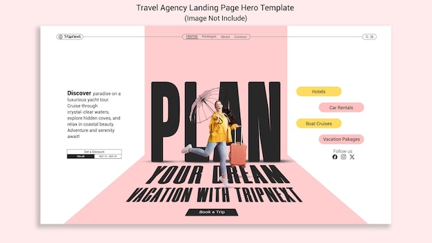 Design de modelo de página de destino da página de herói da agência de viagens totalmente editável com objeto inteligente