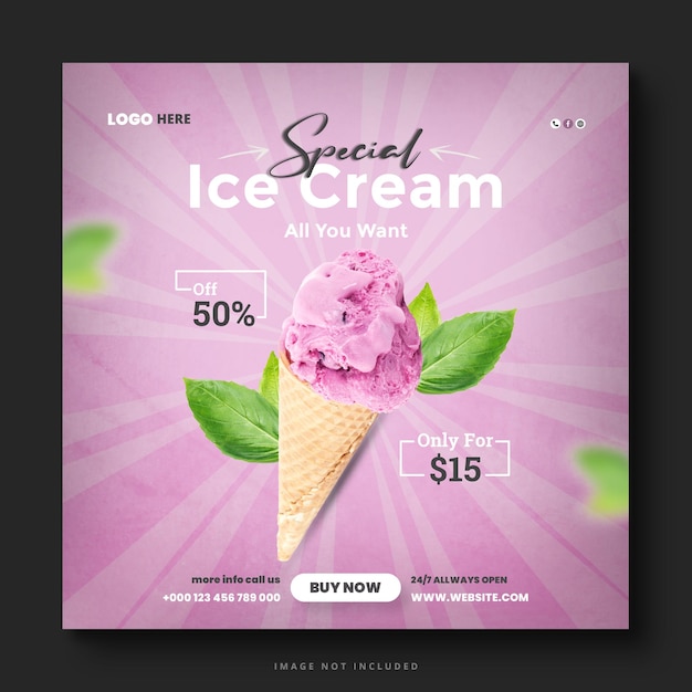 PSD design de modelo de postagem de banner de mídia social de sorvete delicioso especial