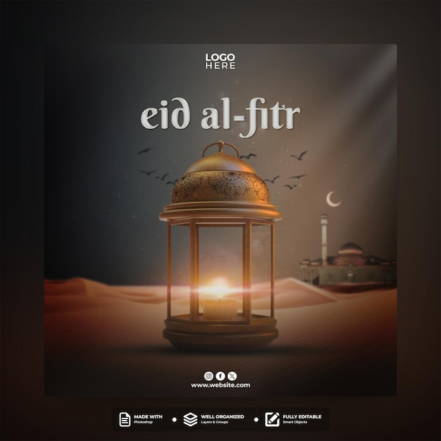 PSD design de modelo de postagem de mídia social de eid al fitr