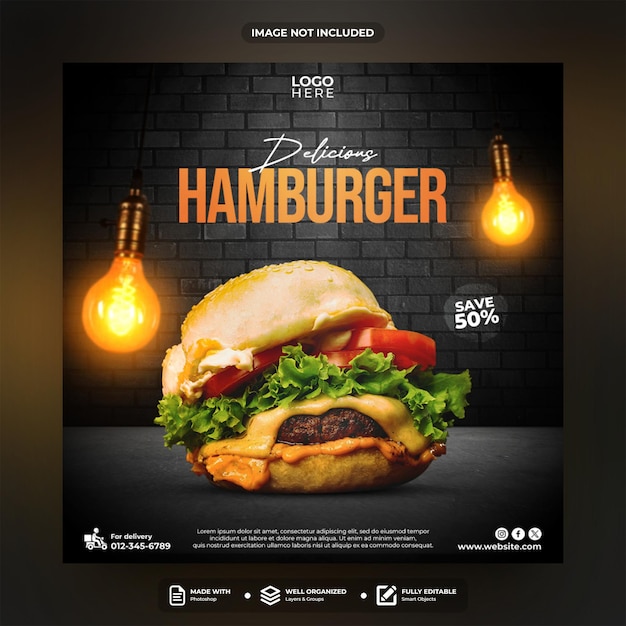 PSD design de modelo de postagem de mídia social de hambúrguer delicioso