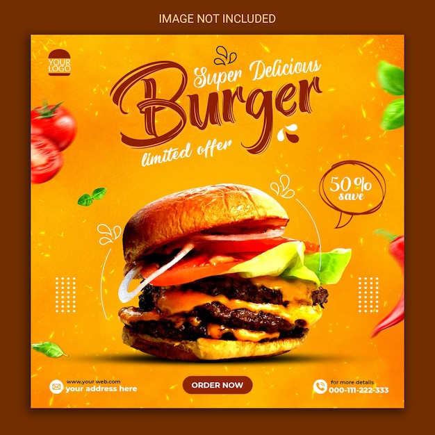 design de modelo de postagem de mídia social de menu de hambúrguer e comida delicioso
