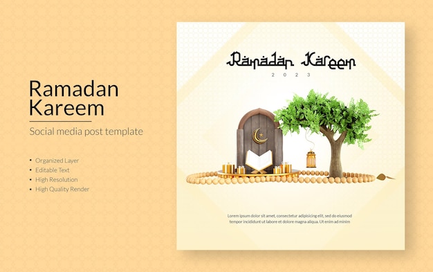 PSD design de modelo de postagem de mídia social de renderização 3d ramadan kareem
