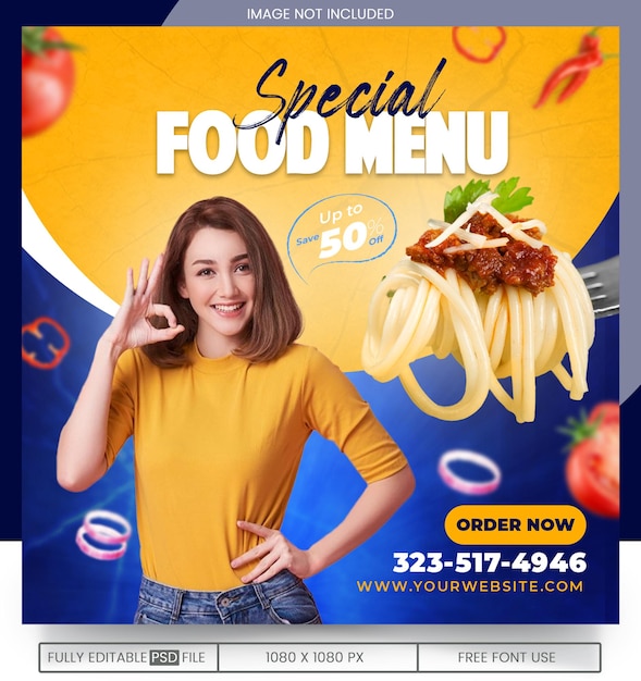 PSD design de modelo de postagem em mídias sociais ou banner web de marketing de negócios de restaurantes de fast food