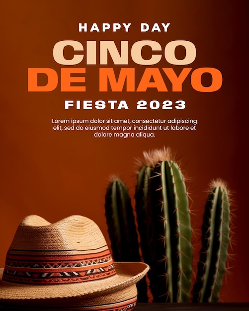 PSD design de modelo de pôster cinco de mayo com fundo de cacto e chapéu mexicano