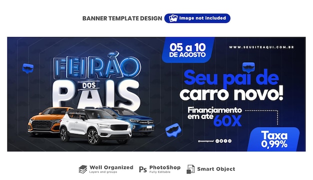 PSD design de modelo de renderização 3d de mídia social da feira de automóveis do dia dos pais em português