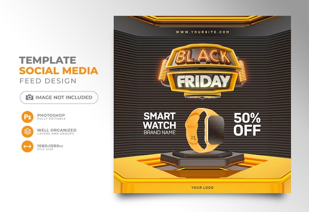 Design de modelo de renderização 3d para mídia social post black friday para campanha de marketing