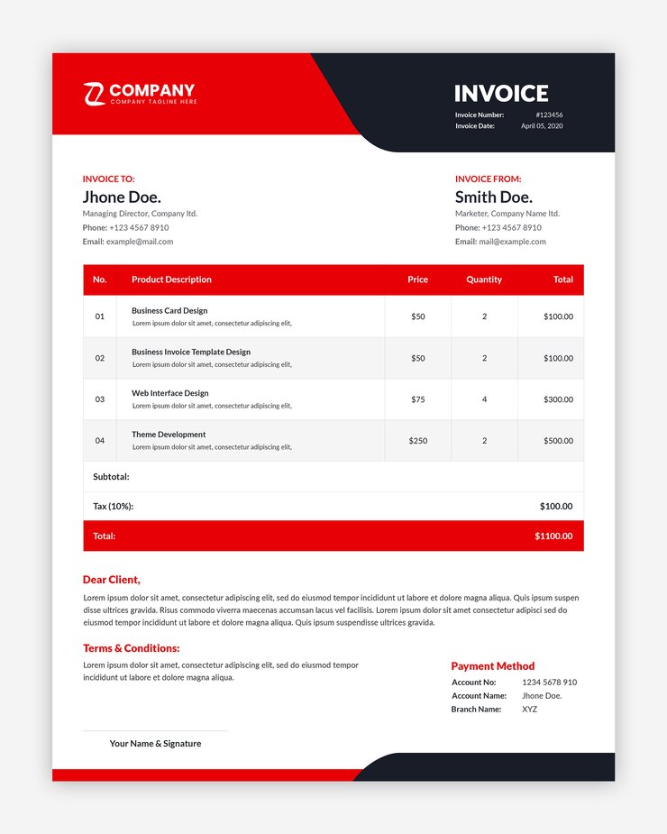 PSD design de modelo mínimo de fatura vermelha