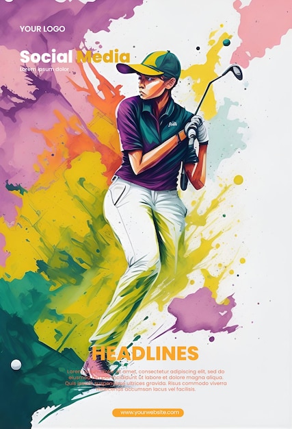 PSD design de panfleto com ilustração abstrata de jogador de golfe