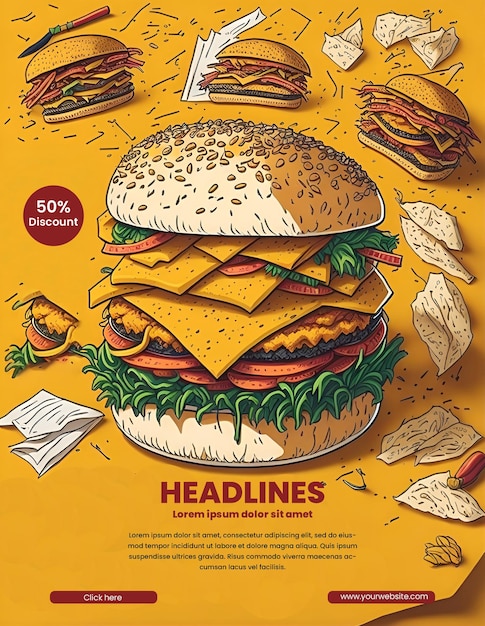 PSD design de panfleto com ilustração de hambúrguer