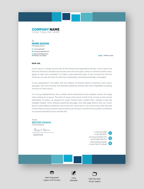 Design de papel de carta profissional moderno com cores vibrantes e layout organizado