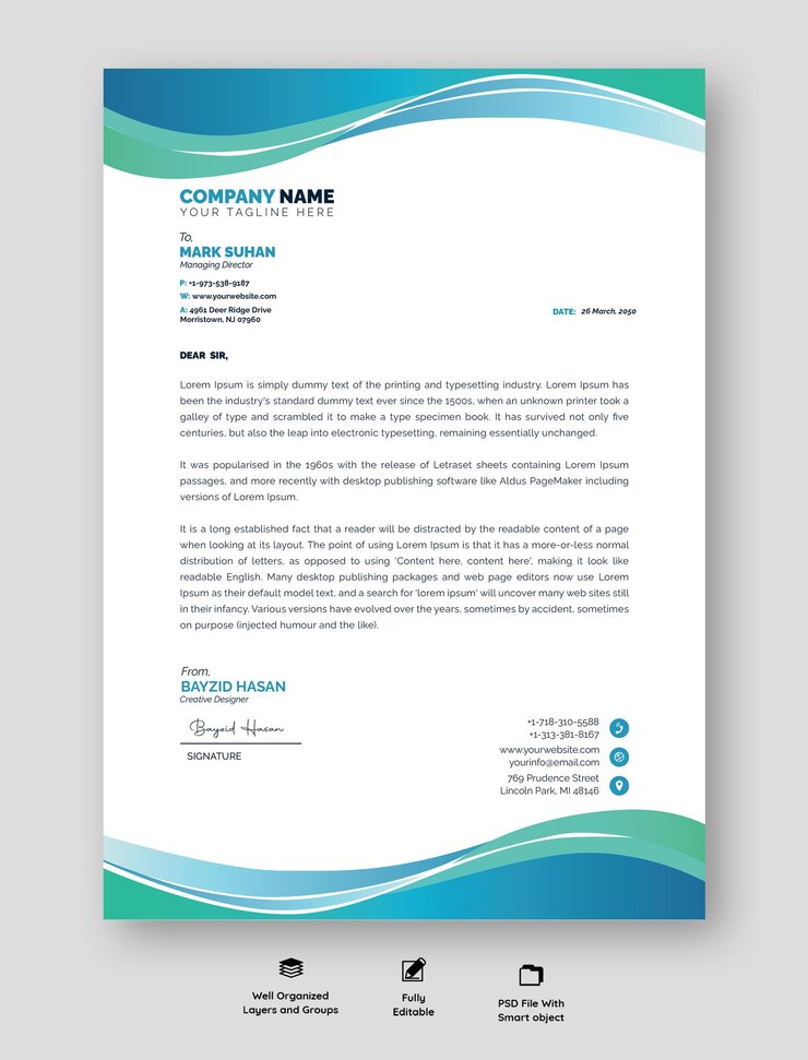 PSD design de papel de carta profissional moderno com cores vibrantes e layout organizado