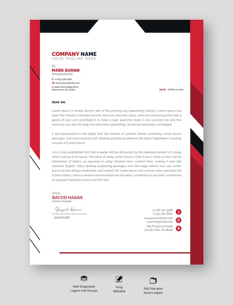 Design de papel de carta profissional moderno com cores vibrantes e layout organizado